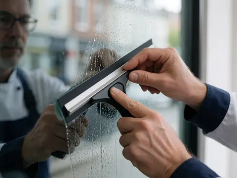 A squeegee cleans a glass storefront, leaving a dry trail with street reflections on the wet surface.
