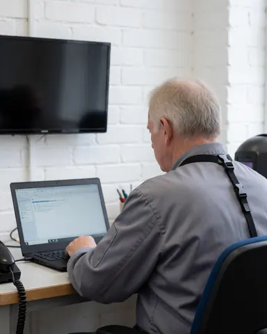 Technician repairing electronics in a workshop with a white brick wall background