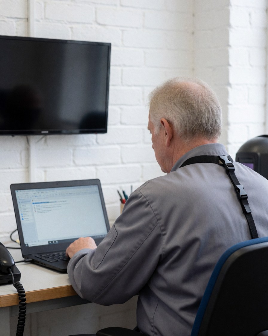 Technician repairing electronics in a workshop with a white brick wall background
