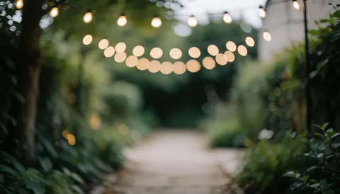 A garden path illuminated by string lights with soft bokeh and lush vegetation, ideal as a text background for wedding photographers