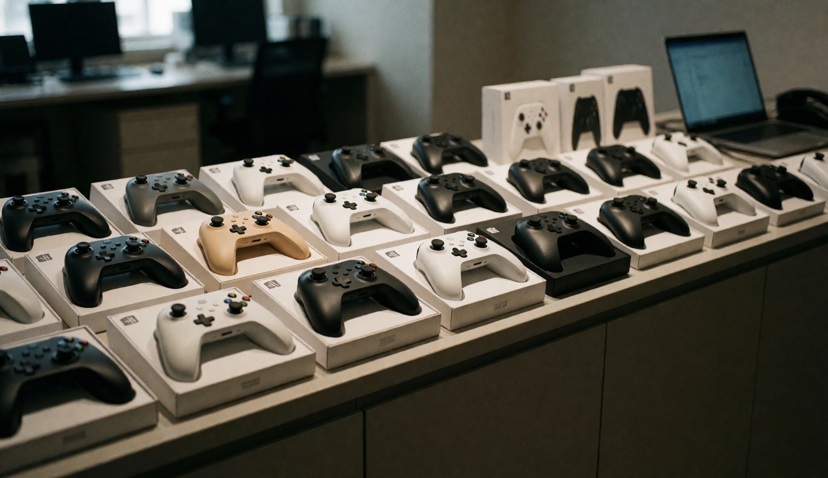 New video game controllers in packaging on a shelf with a blurred office background