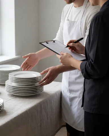 Two professionals coordinate event logistics with stacked white plates on a linen tablecloth in a well-lit kitchen.