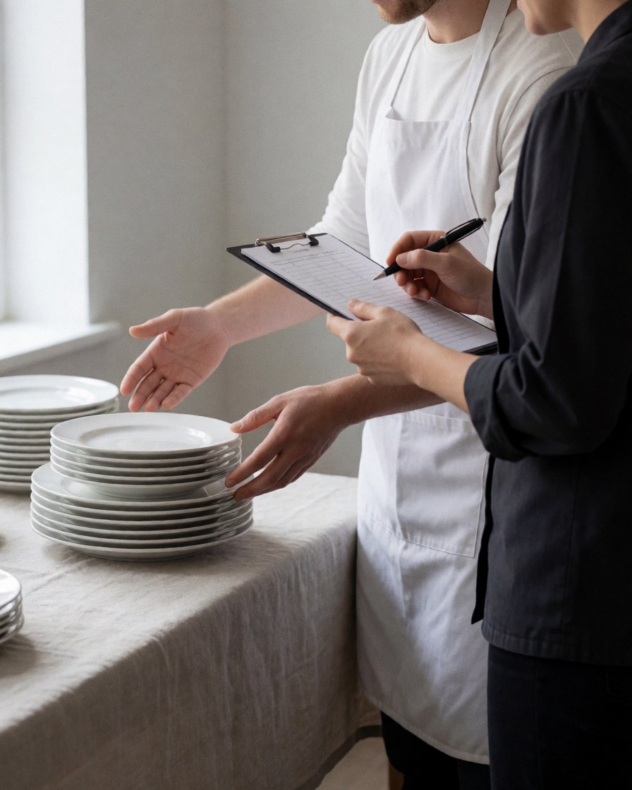 Two professionals coordinate event logistics with stacked white plates on a linen tablecloth in a well-lit kitchen.