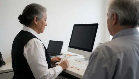 Tour agent issuing tickets to customer in clean office with computer and printed tickets
