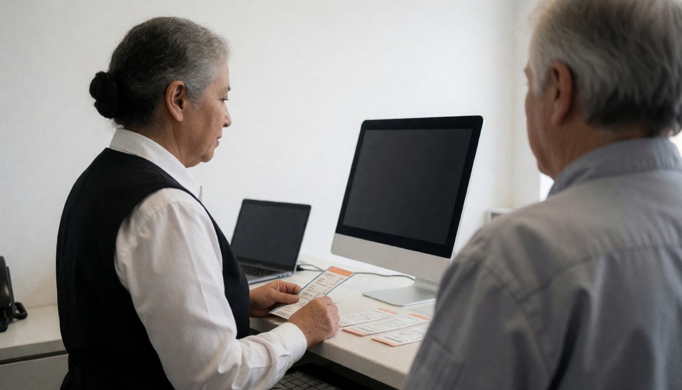 Tour agent issuing tickets to customer in clean office with computer and printed tickets