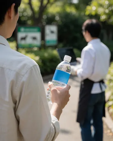A visitor walks along a zoo path holding a water bottle with animal signs visible in the background.