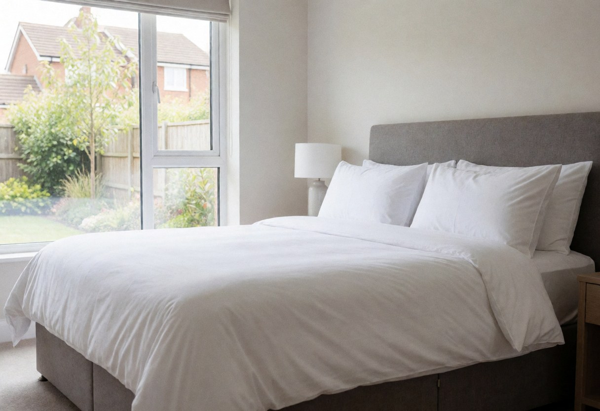 King size bed with white sheets and pillows in front of a window overlooking a garden in a modern clean vacation rental bedroom.