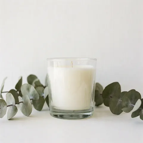 Candle in a glass jar with eucalyptus leaves on a white background, ideal for craft workshop product display
