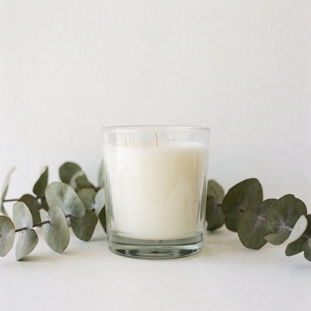 Candle in a glass jar with eucalyptus leaves on a white background, ideal for craft workshop product display