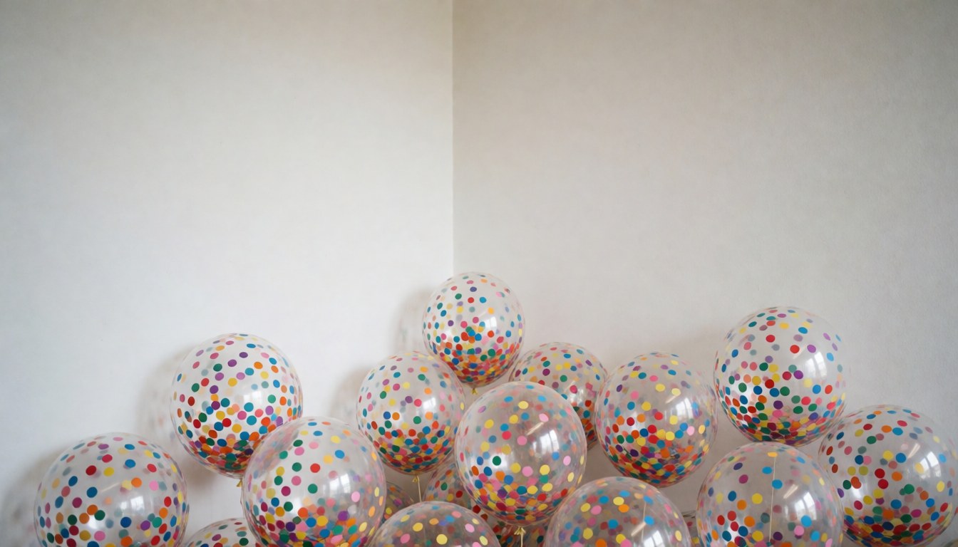 Transparent balloons filled with multicolor confetti arranged in the corner of a white room for event decoration