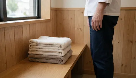 Neatly folded towels stacked on a wooden bench in a bright, clean changing area with wood paneling and natural light, suitable for a spa or clinic.