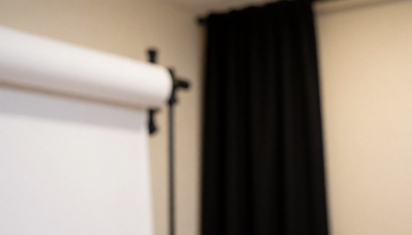 Professional studio background featuring a white paper backdrop and black curtain, ideal for text and graphic design projects.