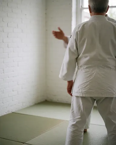 An adult wearing a white gi practices martial arts in a dojo with white walls and mats while receiving instruction from a trainer.