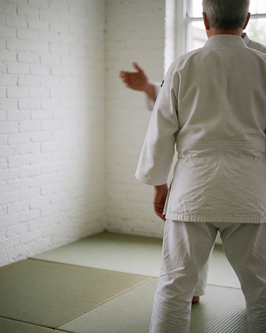 An adult wearing a white gi practices martial arts in a dojo with white walls and mats while receiving instruction from a trainer.