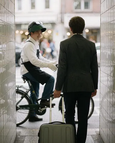 A customer carrying a suitcase walks toward a bicycle taxi driver who is wearing a helmet and offering a welcoming gesture.