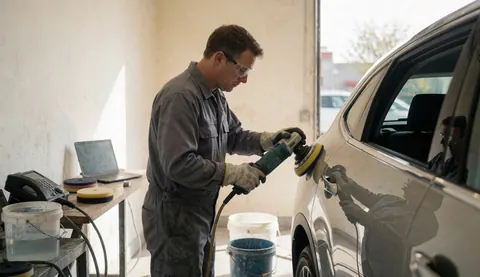 Auto body technician using an electric buffer on a vehicle in a well-lit workshop with water buckets and light walls visible.