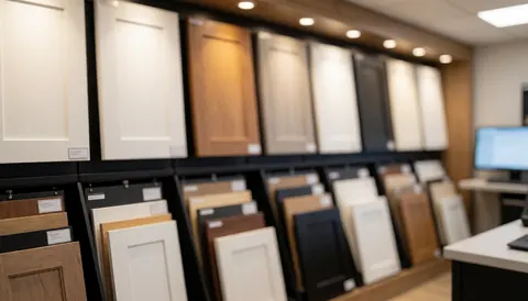 Showroom background featuring white and wood finish kitchen cabinet door samples under warm lighting with copy space