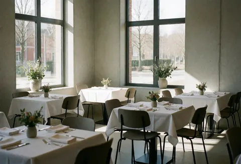 Breakfast setup in a bed and breakfast with ready tables, white tablecloths, and natural light entering through large windows with concrete walls.