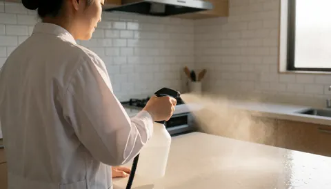 Professional cleaner disinfecting a kitchen with white tiles and morning light, ideal for cleaning services
