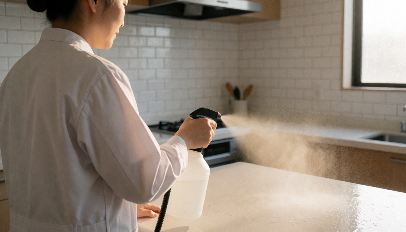 Professional cleaner disinfecting a kitchen with white tiles and morning light, ideal for cleaning services