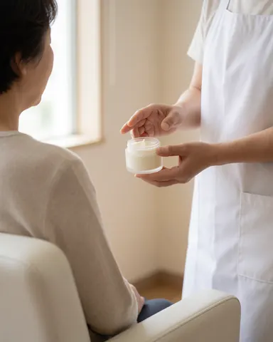 Therapist in white apron displays a jar of cream to a seated client in a beige salon with natural light.