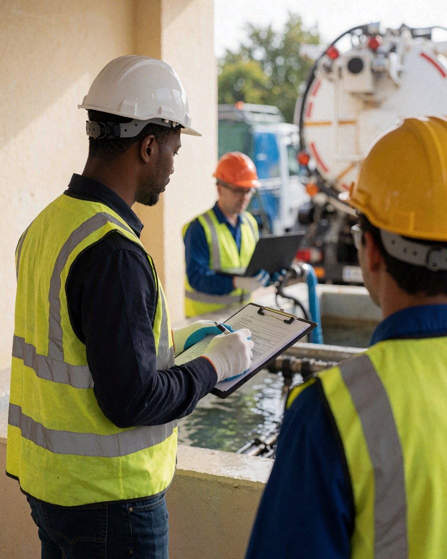 Worker in safety gear reviewing documents near a water treatment tank with a vacuum truck in the background