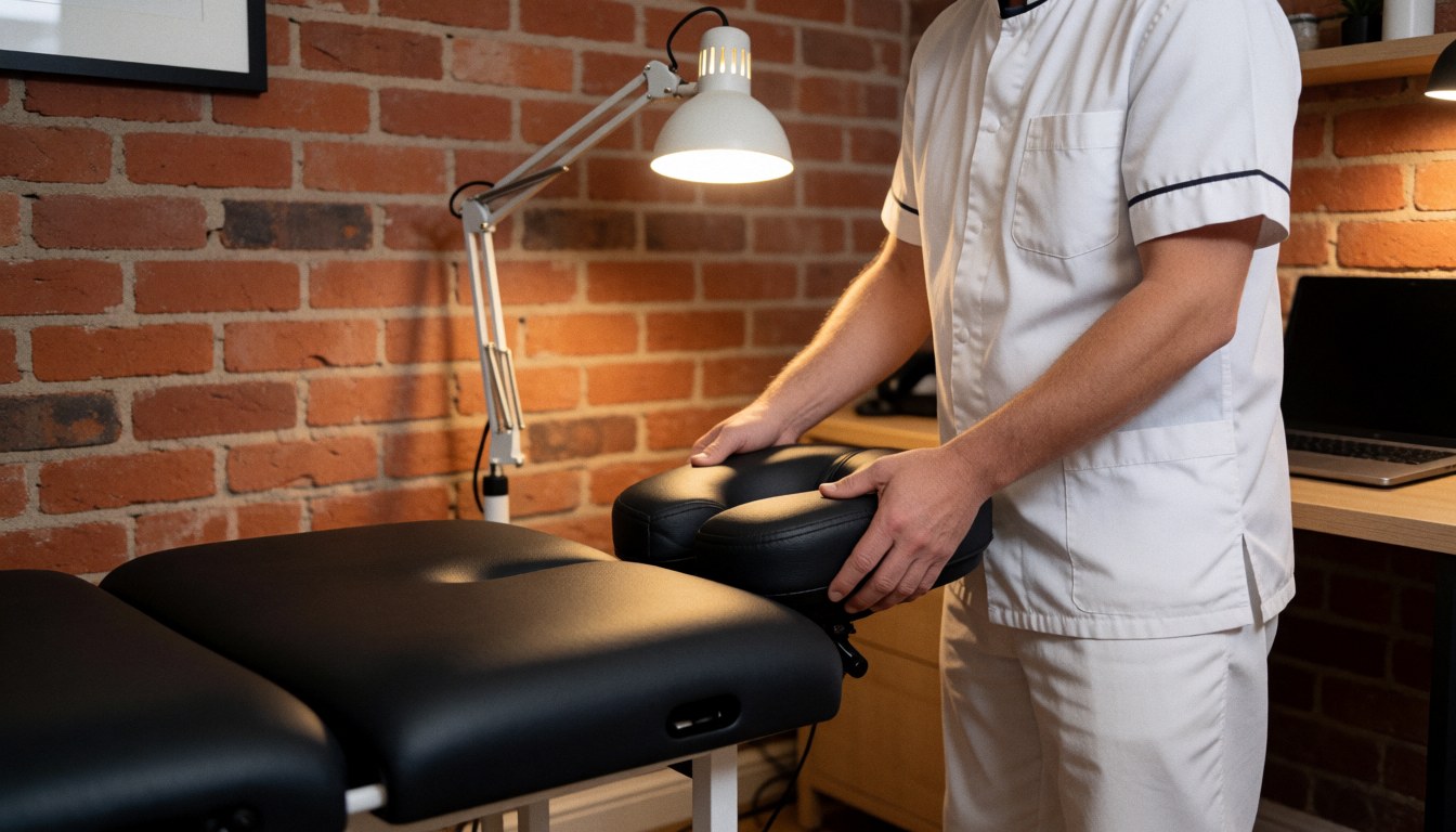 Therapist in white uniform adjusts the head of a black massage table in a studio with a red brick wall and work lighting.