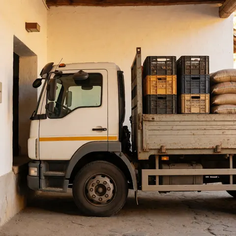 White cargo truck carrying plastic boxes and sacks parked at a rustic mountain dock with golden light