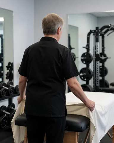 Therapist covering massage table in gym with weights and mirrors, professional and clean environment