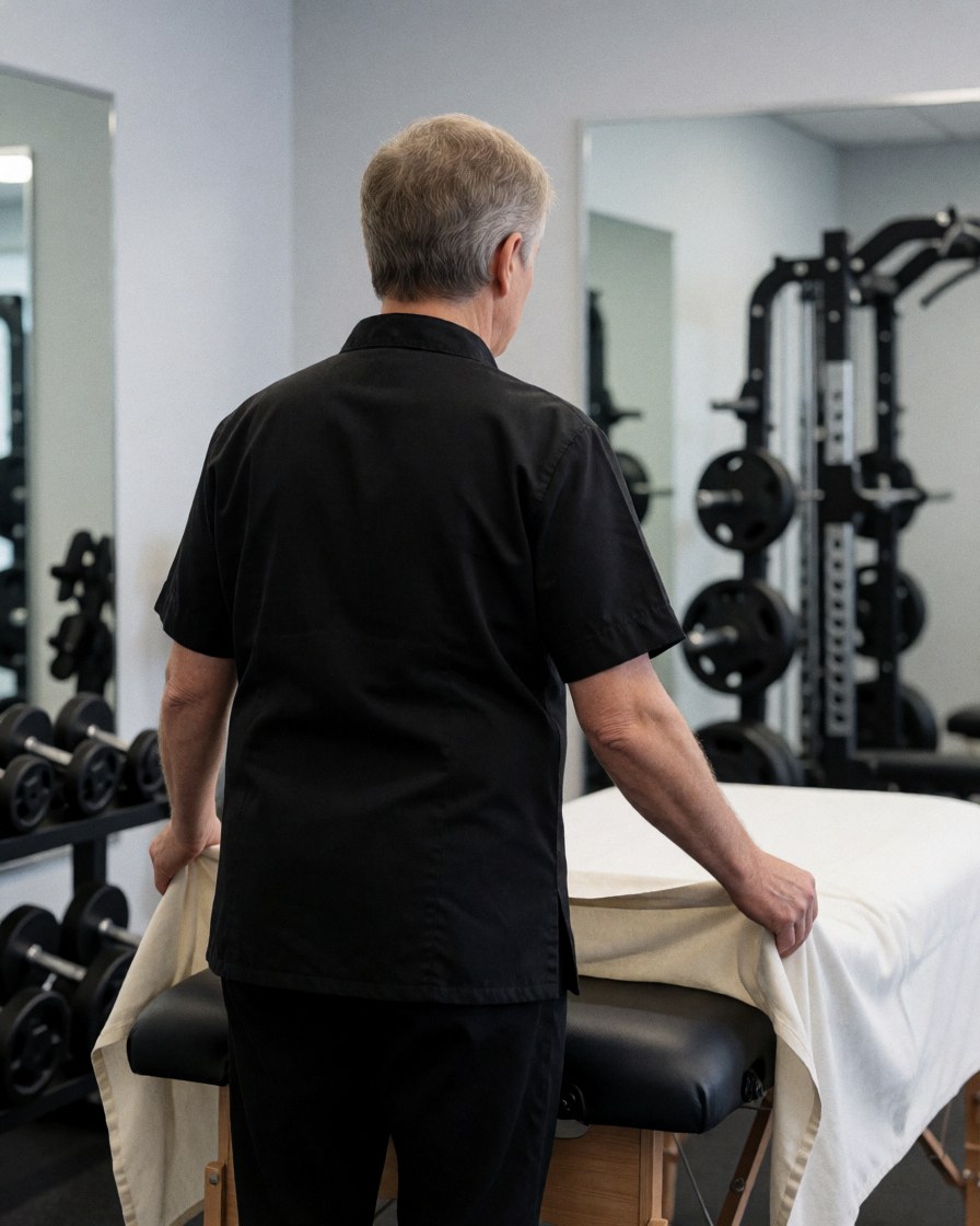 Therapist covering massage table in gym with weights and mirrors, professional and clean environment