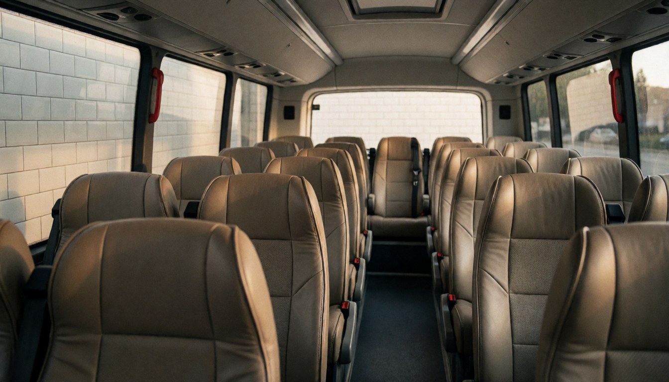 Interior view of a public transport bus featuring leather seats, white tiled walls, and warm sunset light entering through side windows.