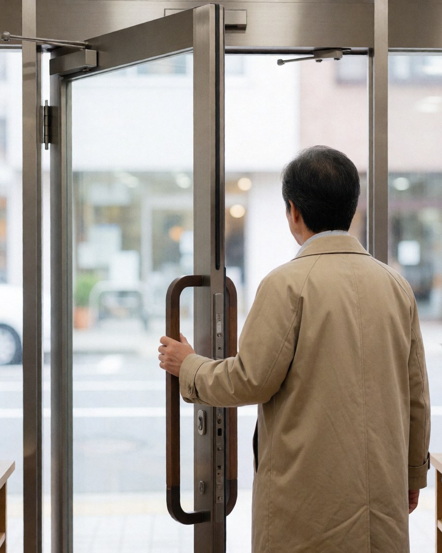 A customer pushes open a glass door with a metal frame against a blurred urban background, suitable for door installation business marketing.