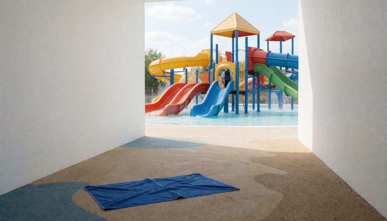 Blue towel lying on the ground in a water park slide zone with colorful slides and a person in the background