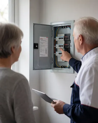 Electrician in uniform pointing to open electrical panel switches while explaining details to a customer near a window with natural light.