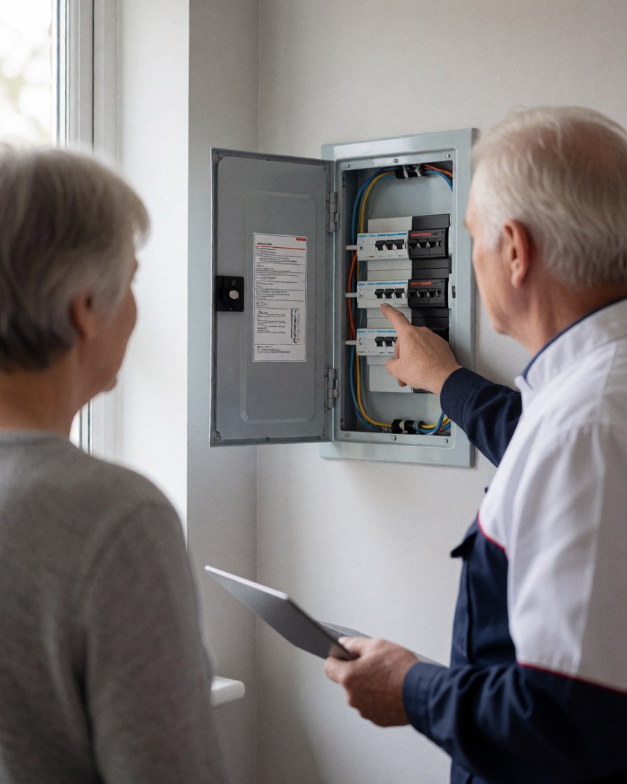 Electrician in uniform pointing to open electrical panel switches while explaining details to a customer near a window with natural light.