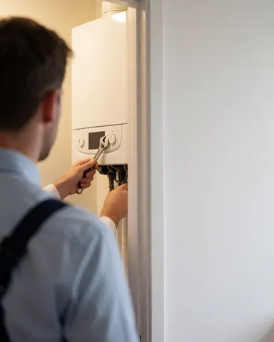 Technician repairing boiler with wrench, white wall, text space