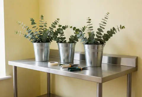Stainless steel work table in a florist shop with three eucalyptus containers, scissors, and floral tape against light yellow walls
