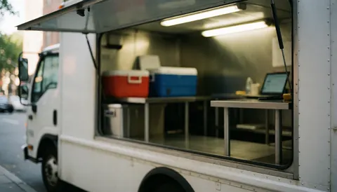 White mobile food vendor with open service window, red and blue storage drawers, steel tables, and interior LED lighting, suitable as a text background.