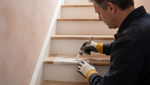 A worker wearing protective gloves applies white paint to a wooden staircase against a terracotta wall during a repair service.