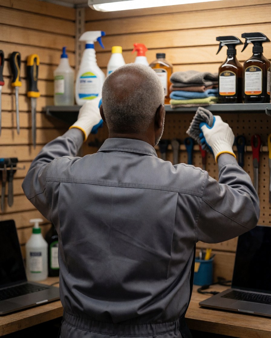 Carpenter arranging cleaning supplies on shelves in a workshop with tools on a board and wearing a work uniform