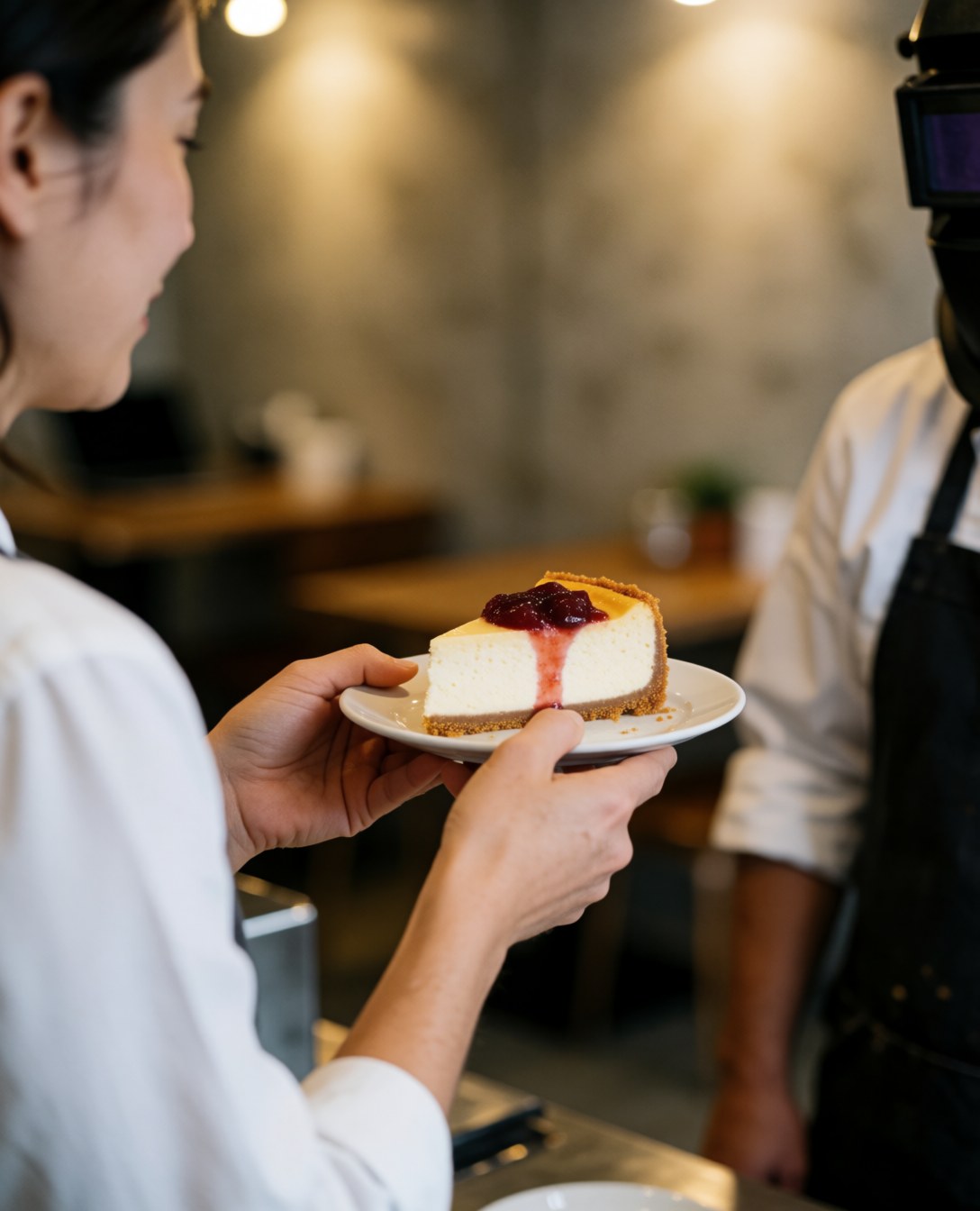 A customer holds a cake with compote in a cozy cafe with concrete walls and warm lighting.