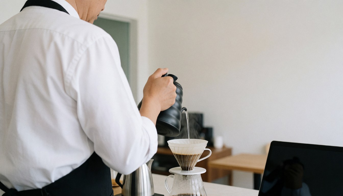 Barista watching coffee drip through a V60 filter in a clean, professional cafe setting during service.
