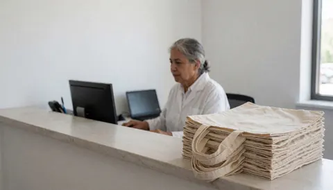 Modern reception area featuring a stack of fabric tote bags and a person working on a computer, suitable for a language school.