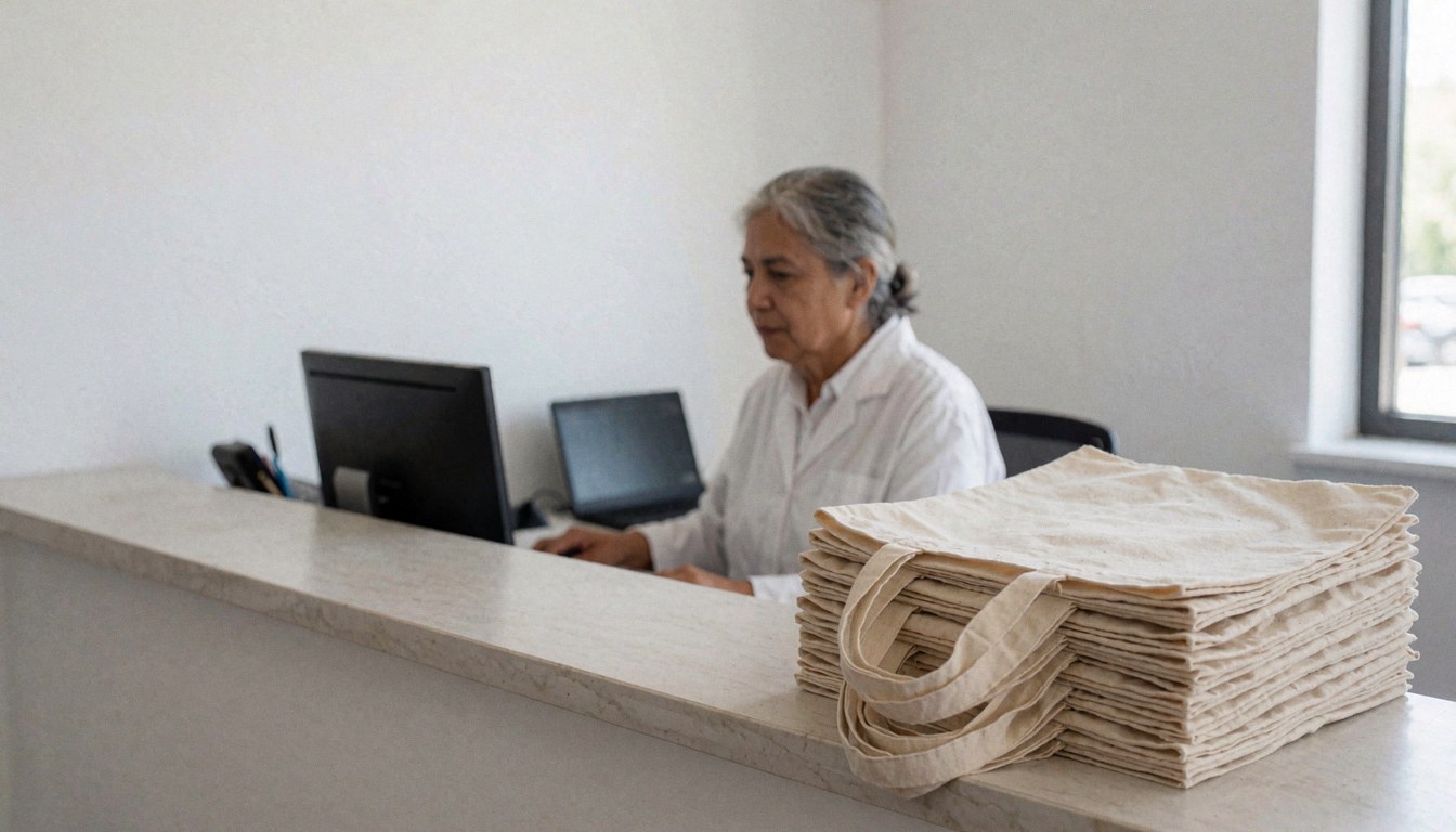 Modern reception area featuring a stack of fabric tote bags and a person working on a computer, suitable for a language school.