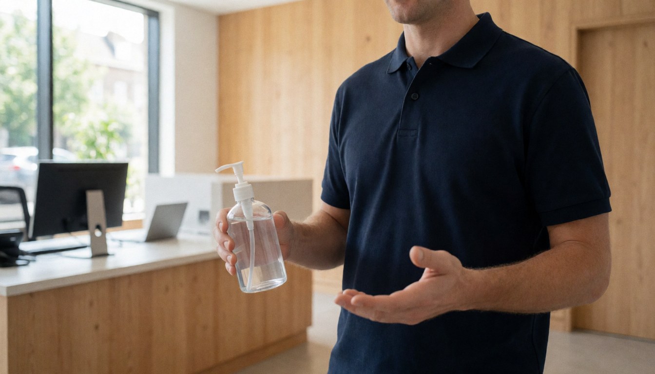 Professional cleaner holding a disinfectant bottle in an office reception area with wooden walls and natural light
