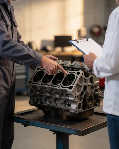 Mechanic explaining engine repair to a client in a workshop while holding a portfolio and showing clean internal components.