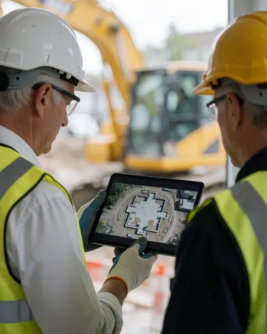Two men in hard hats and vests check a construction foundation using a tablet, with a yellow excavator in the background.
