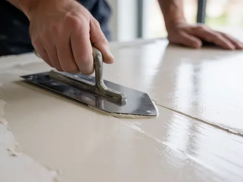 Close-up of a hand using a trowel to apply wet stucco, creating a smooth and glossy finish for plastering details.