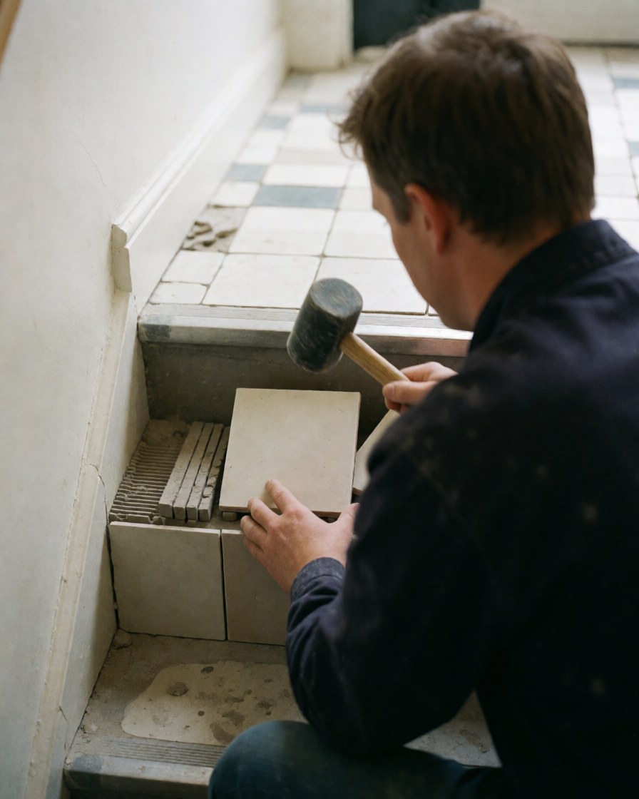 A man uses a rubber mallet to install tile on a staircase, demonstrating the flooring installation process.
