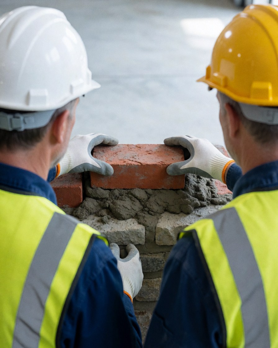 Two bricklayers wearing helmets and gloves place a red brick onto gray mortar on a stone wall at a construction site.